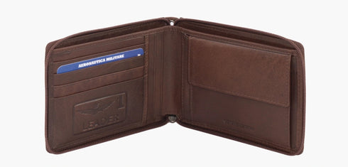AERONAUTICA MILITARE AM-243 New Eagle line leather wallet with zip and chain
