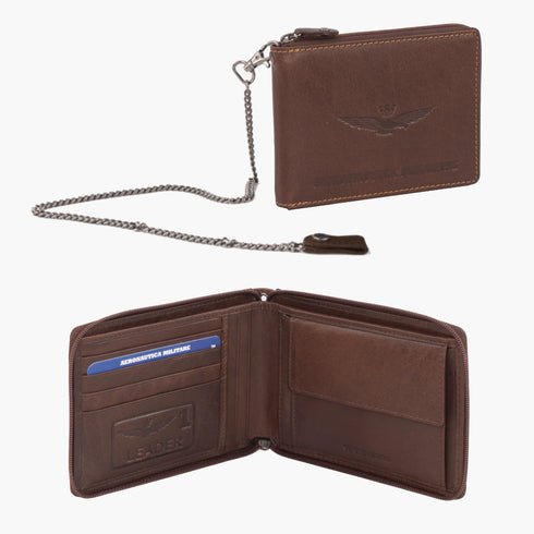 AERONAUTICA MILITARE AM-243 New Eagle line leather wallet with zip and chain